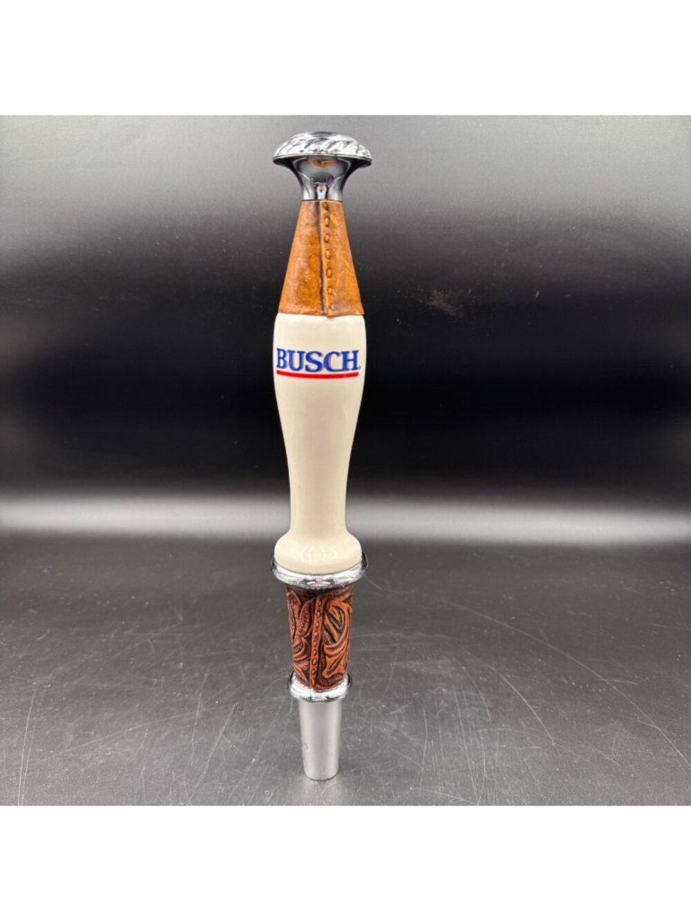 Busch Beer Decorative Tap Handle With Leather Embossed Accents & Chrome Details